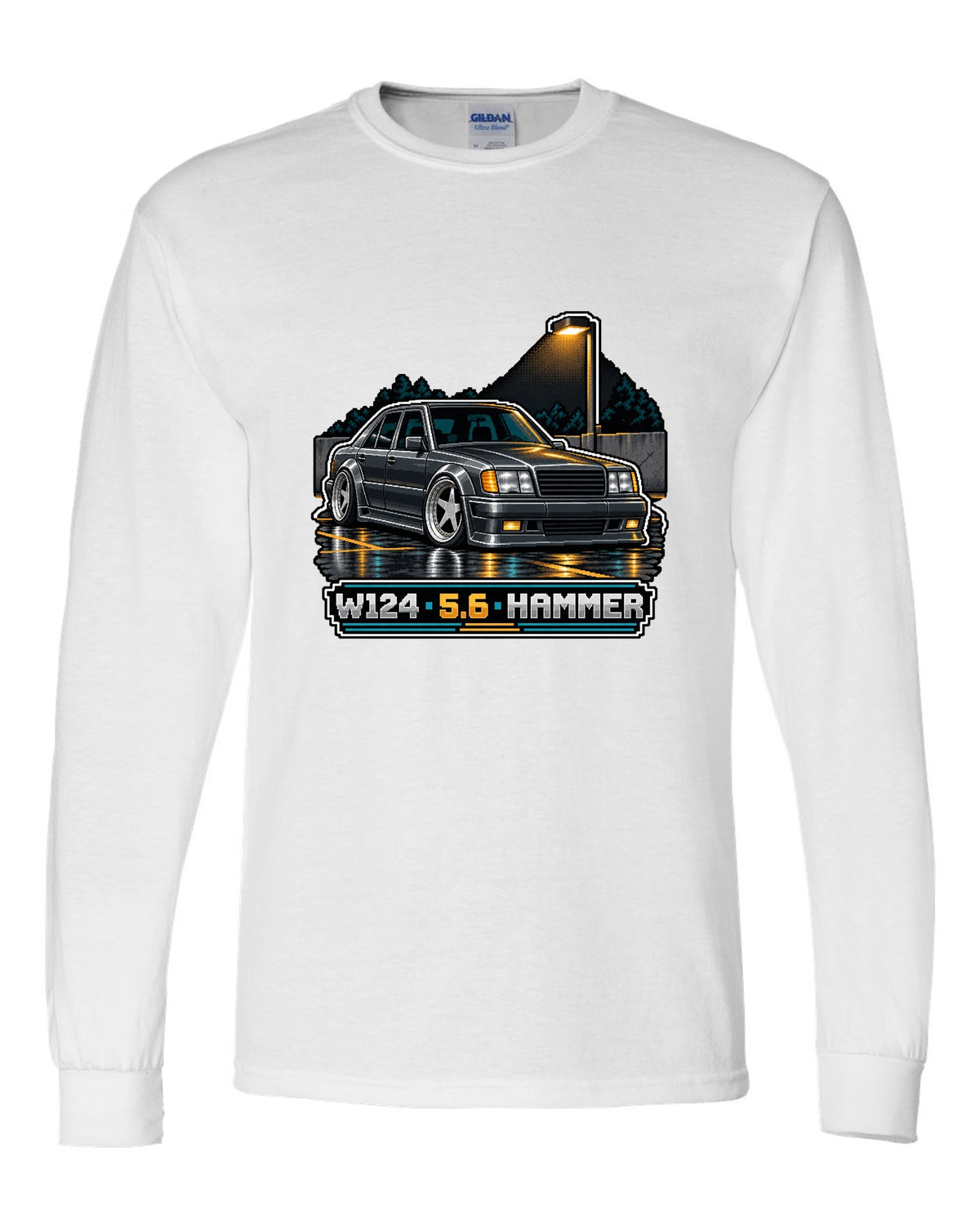Pixel art Mercedes 300E 5.6 Hammer W124 parked in a car park white long sleeve front view with the design