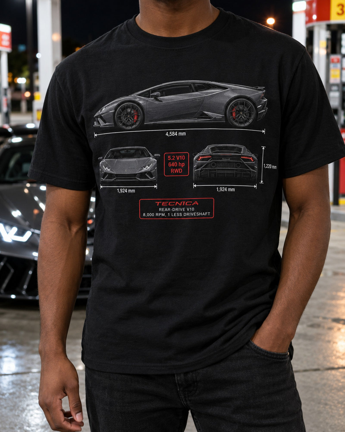 Lamborghini Huracan Tecnica Three-View Spec Table Shirt T-Shirt Black worn hero