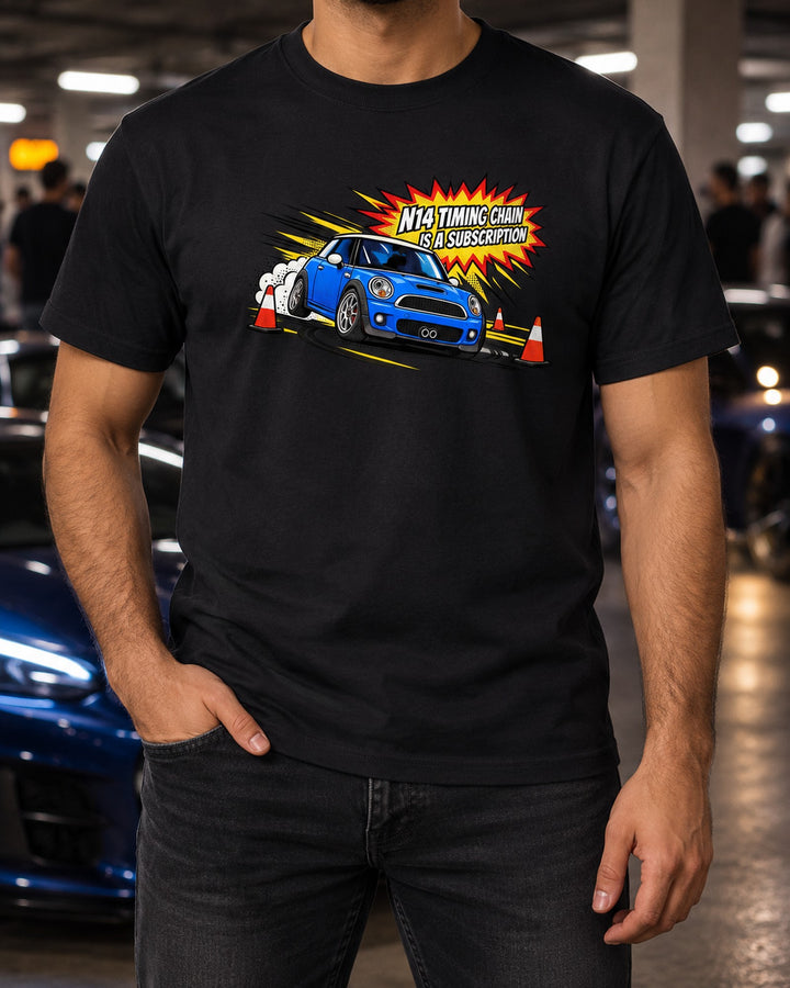 Mini Cooper S R56 N14 Timing Chain Pop-Art Halftone Shirt T-Shirt Black worn hero