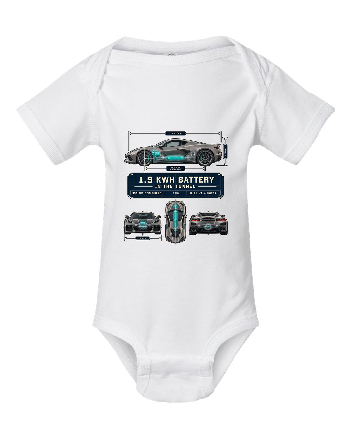 Dimension blueprint print of a Chevrolet Corvette C8 E-Ray with 1.9 kWh battery in the tunnel white baby onesie front view with the design