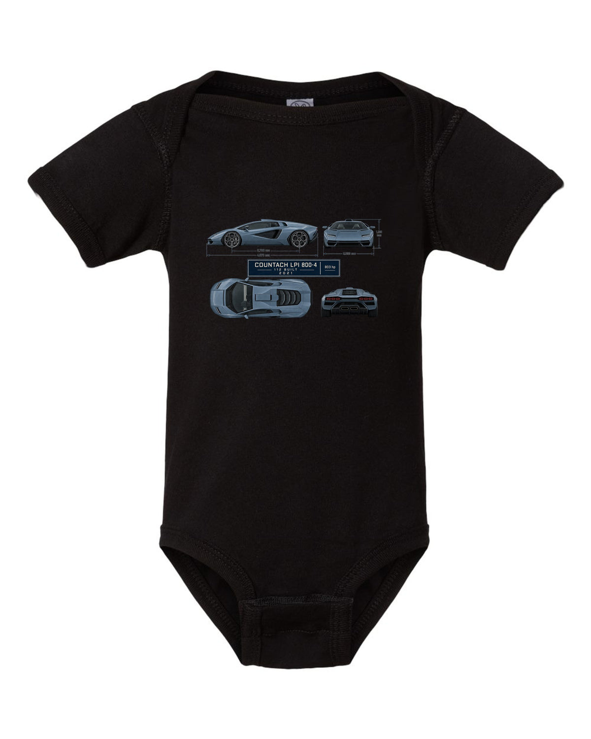 Lamborghini Countach LPI 800-4 dimension blueprint print with 112 built 2021 lettering black baby onesie front view with the design
