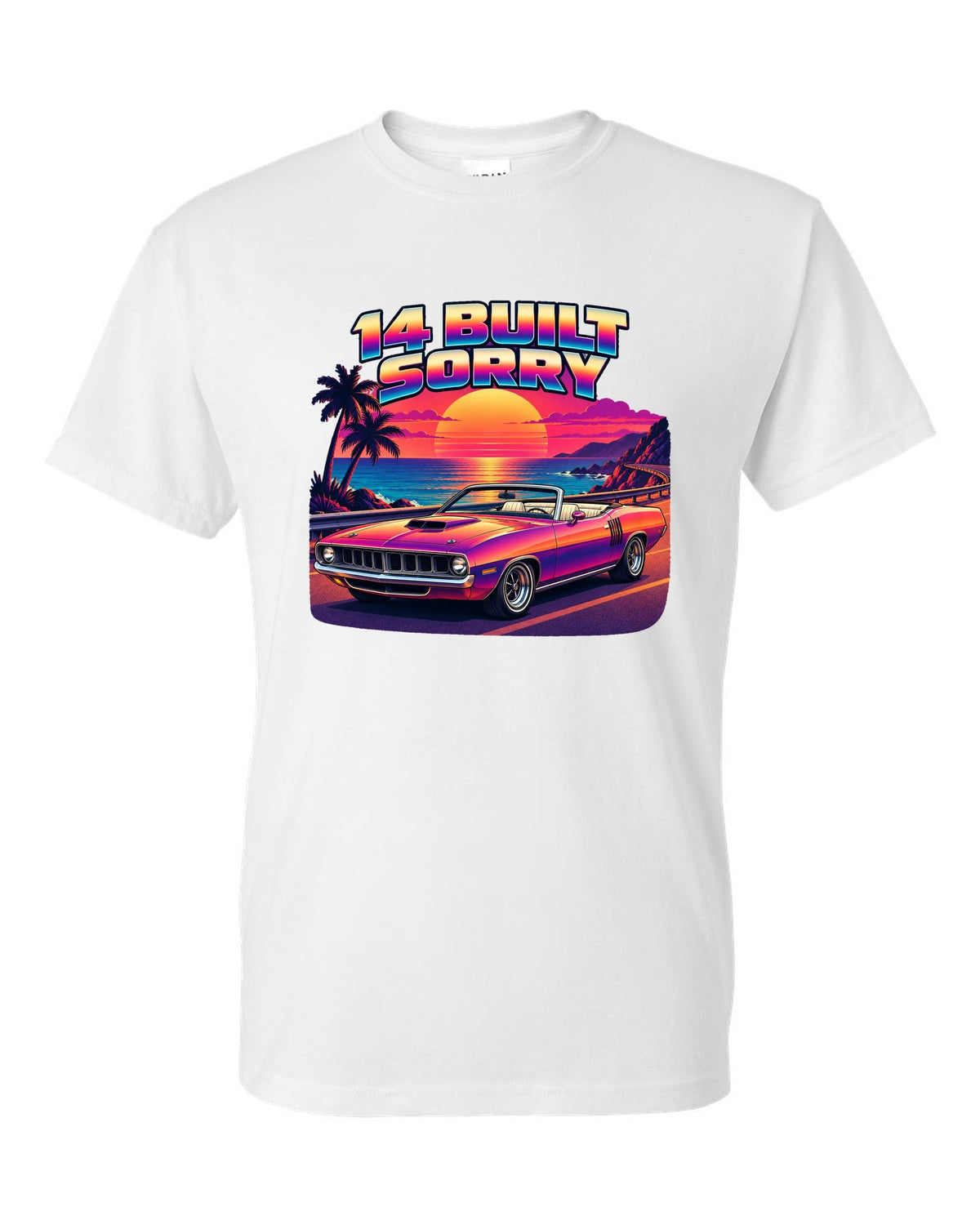 Sunset gradient synth vector print of a 1970 Plymouth Hemi 'Cuda convertible with 14 built text white t-shirt front view with the design