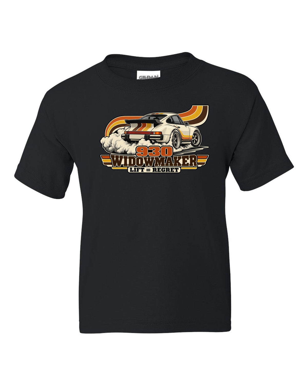 Retro 70s striped illustration of a Porsche 911 Turbo 930 with whale tail black kids tee front view with the design