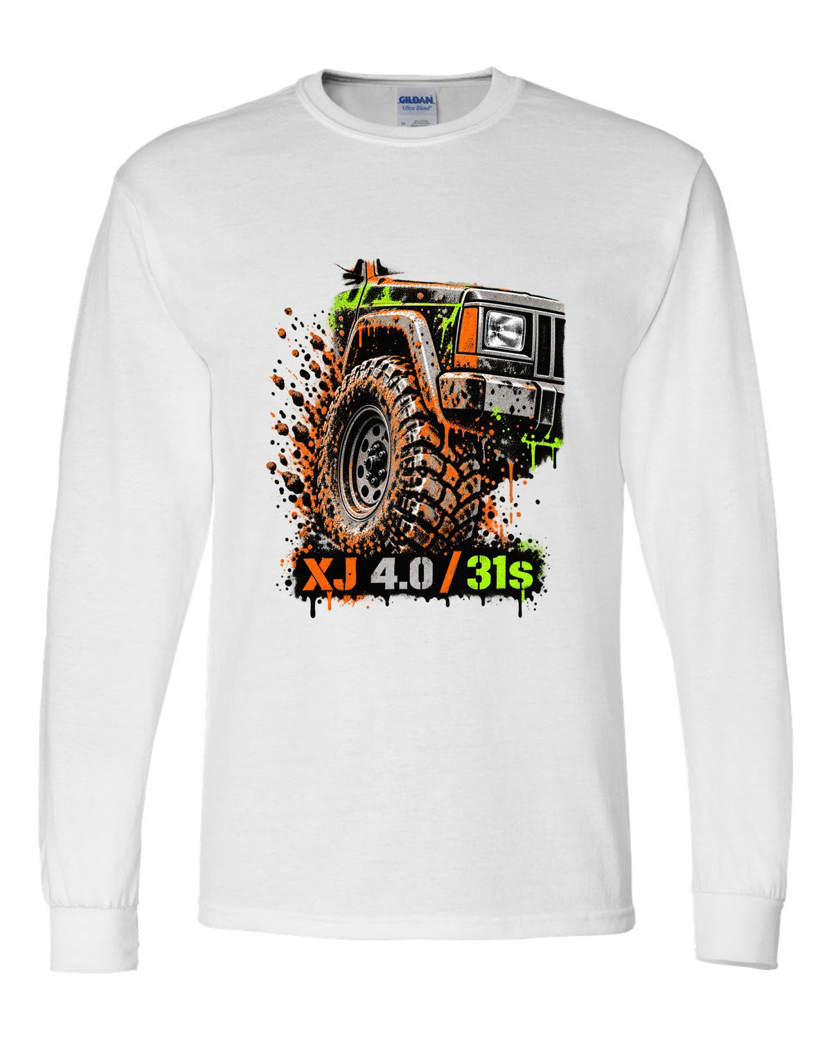 Stencil spray street art print of a muddy Jeep Cherokee XJ wheel with XJ 4.0 31s text white long sleeve front view with the design