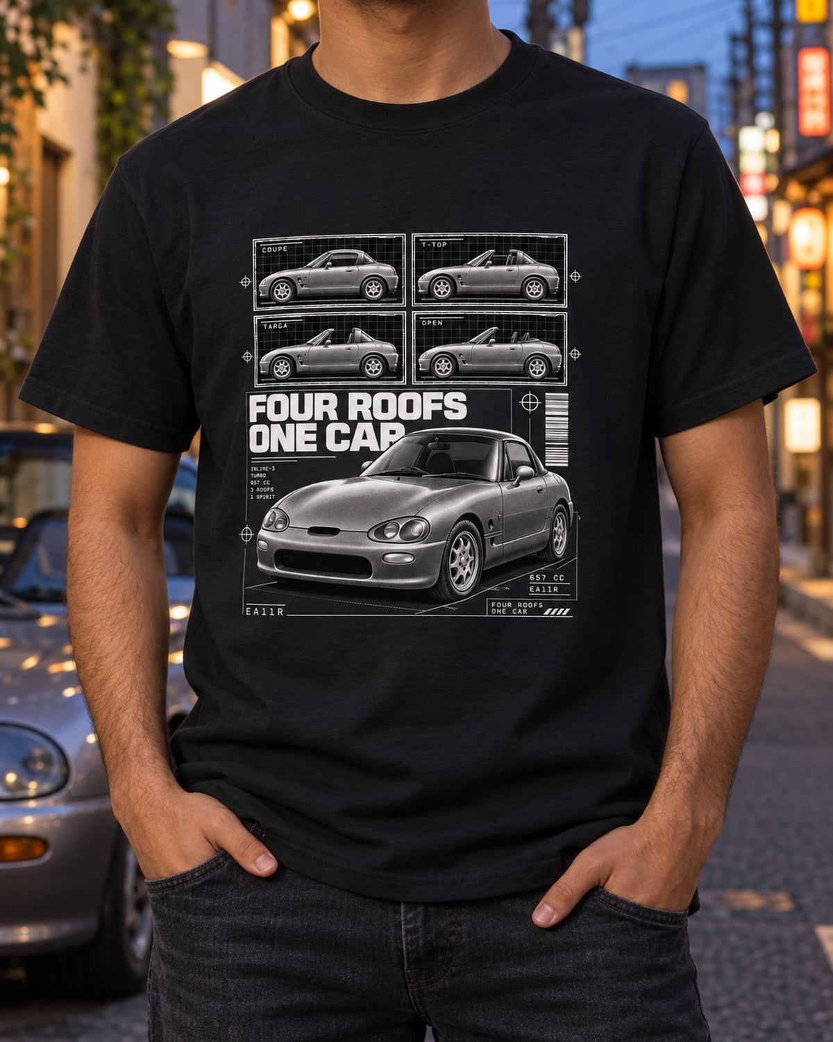 Suzuki Cappuccino EA11R Four Roofs Dossier Shirt T-Shirt Black worn hero