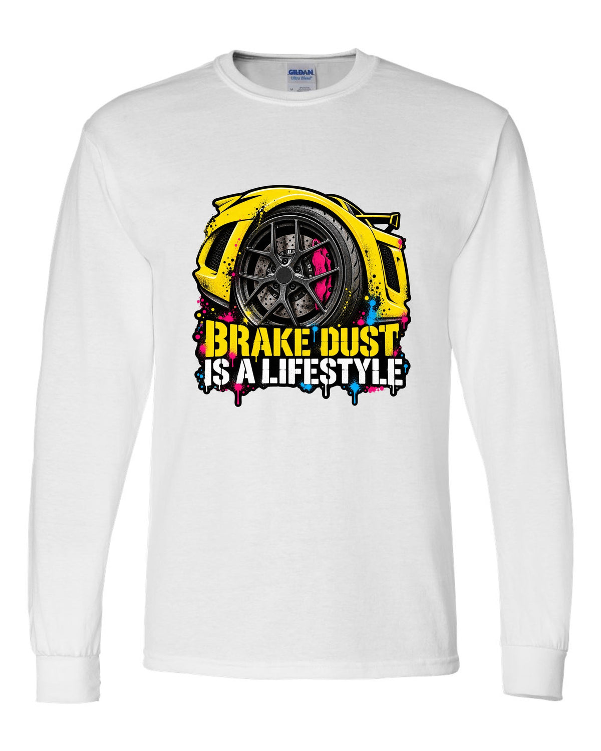 Lotus Exige stencil spray street art with BRAKE DUST IS A LIFESTYLE lettering white long sleeve front view with the design