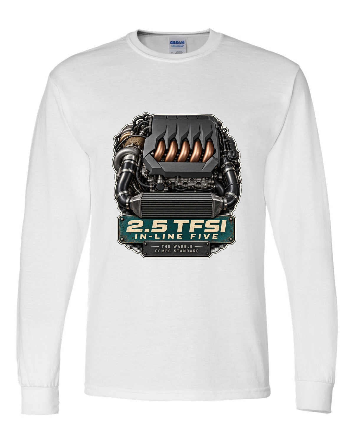 Engine bay print of the Audi RS3 8Y 2.5 TFSI in-line five white long sleeve front view with the design