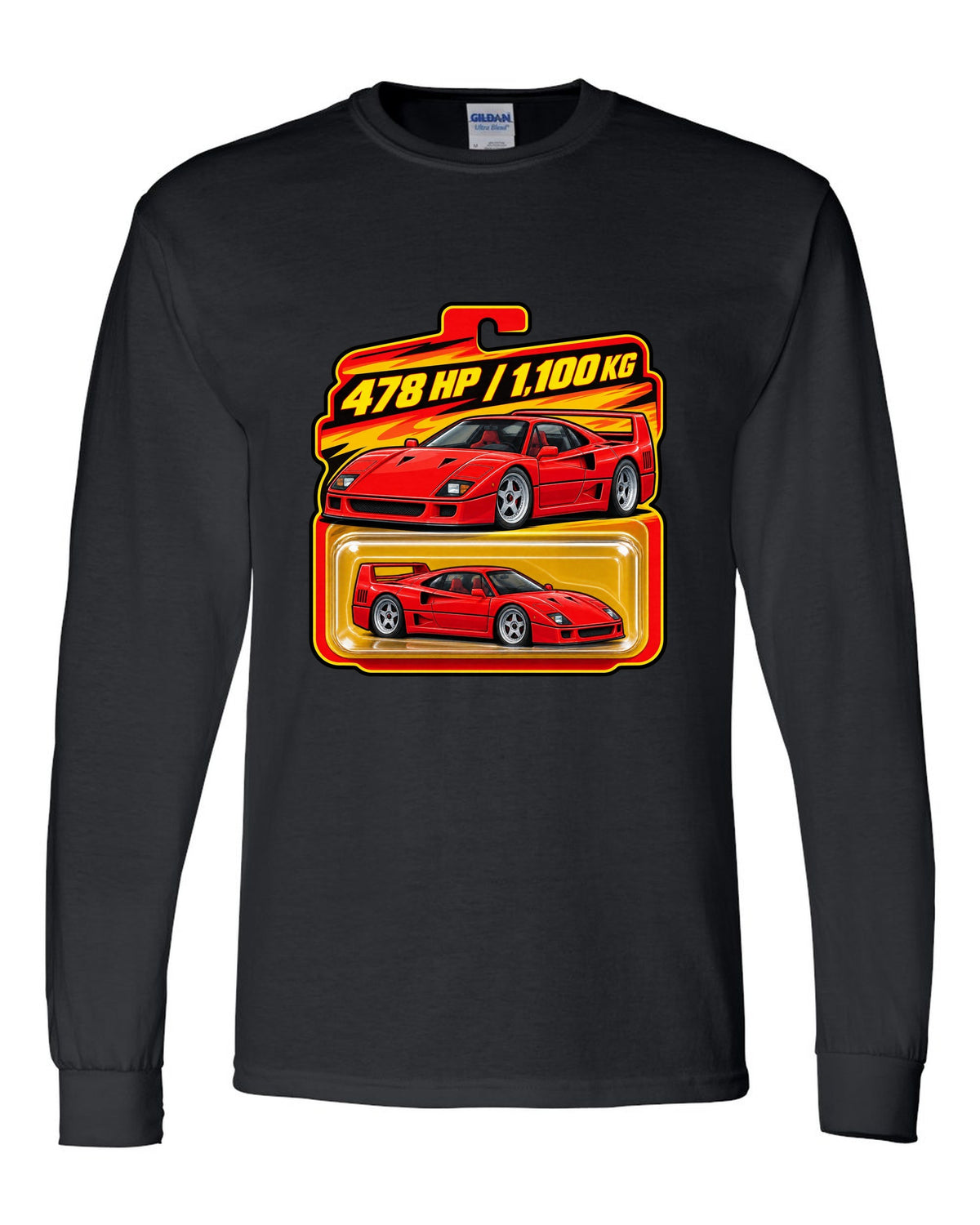 Toy blister-card print of a 1987 Ferrari F40 F120 with 478 HP and 1,100 KG text black long sleeve front view with the design