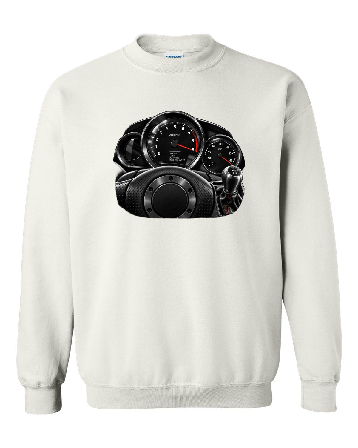 Gauge cluster print of a Mazda RX-8 SE3P with 9,000 redline lettering white crewneck front view with the design