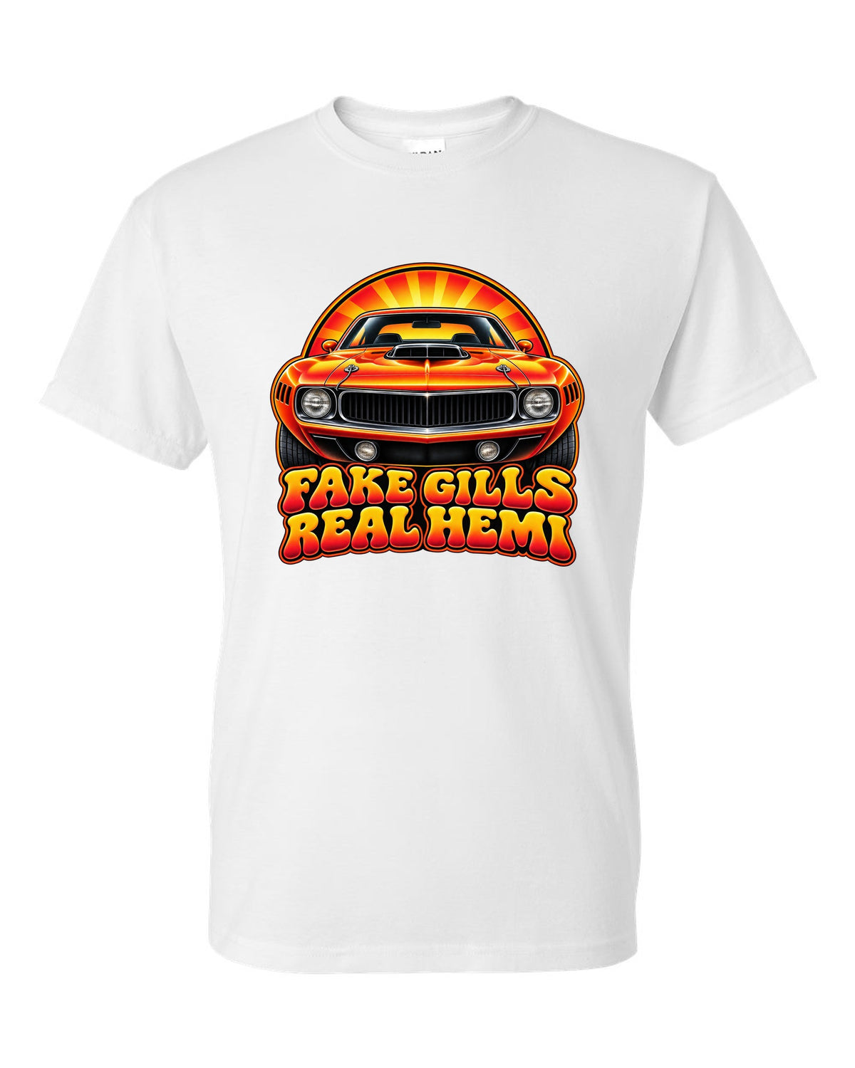 Retro 70s airbrush sunburst design with a 1970 Plymouth Hemi Cuda and fake gills real Hemi text white t-shirt front view with the design