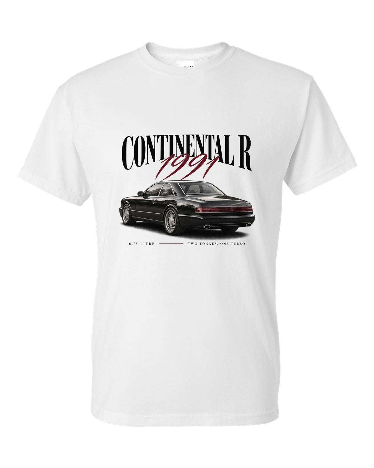 Bentley Continental R editorial headline print white t-shirt front view with the design
