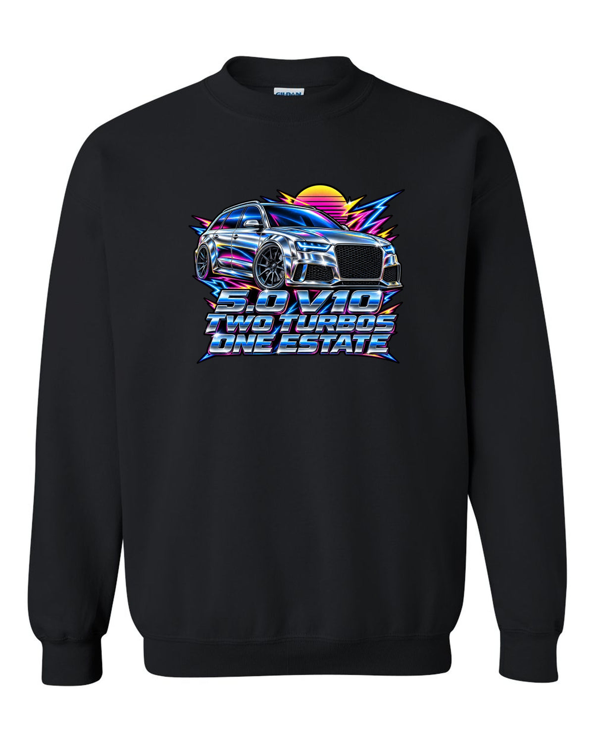 80s airbrush chrome design of the Audi RS6 Avant C6 4F with 5.0 V10 two turbos one estate lettering black crewneck front view with the design