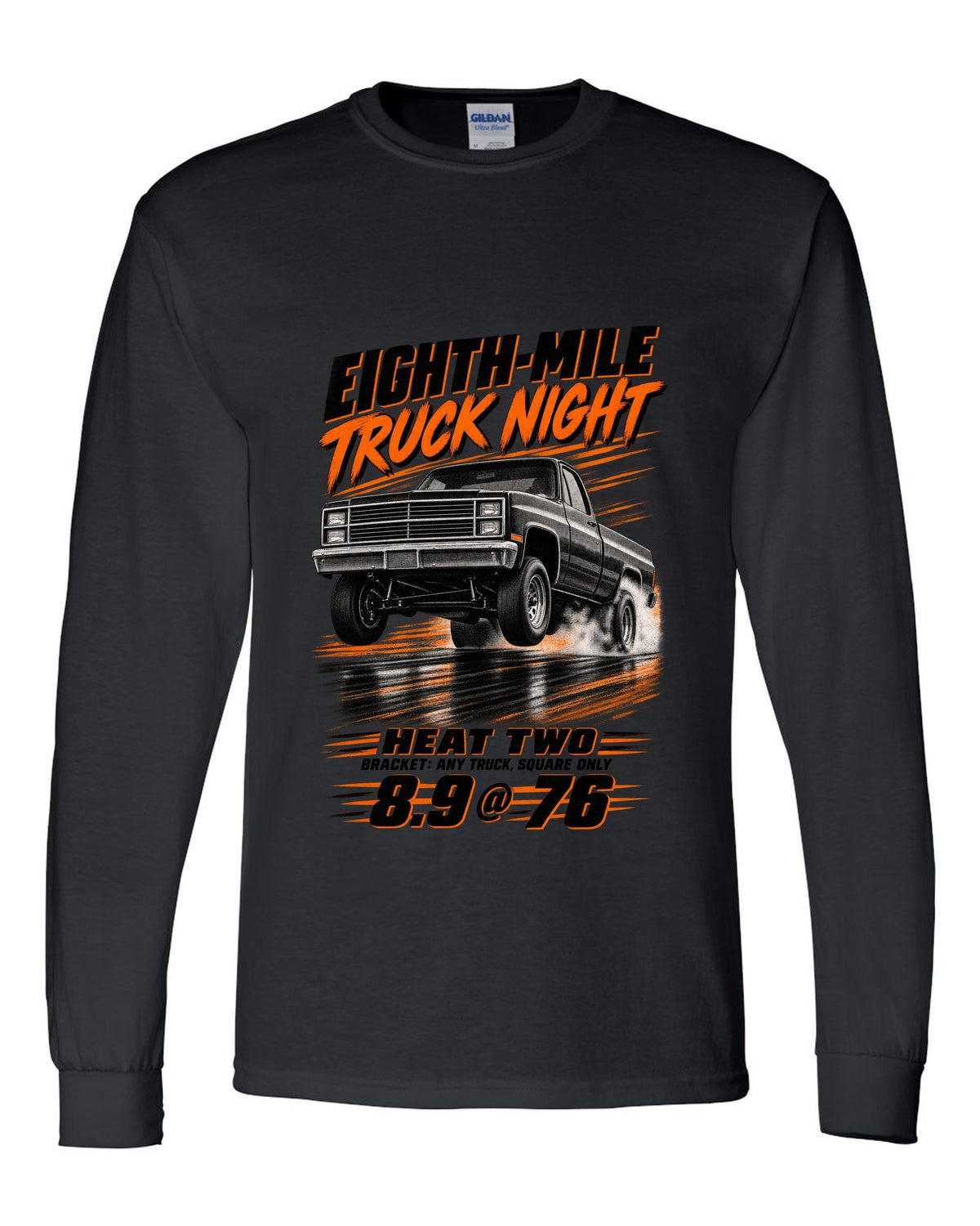 Squarebody C10 eighth-mile race poster print black long sleeve front view with the design