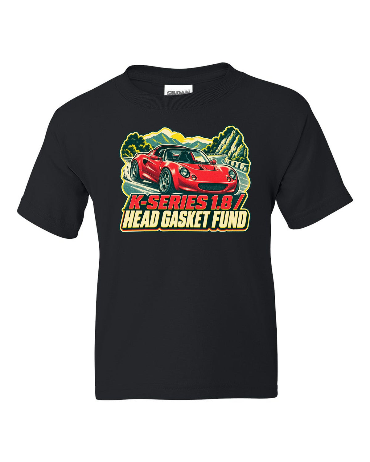 Lotus Elise S1 risograph print with K-Series 1.8 head gasket fund lettering black kids tee front view with the design