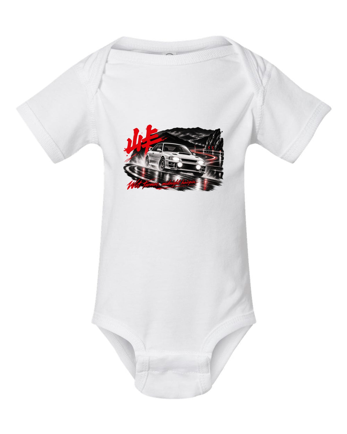 Subaru Impreza WRX GC8 coupe on a wet mountain hairpin at night with touge kanji white baby onesie front view with the design