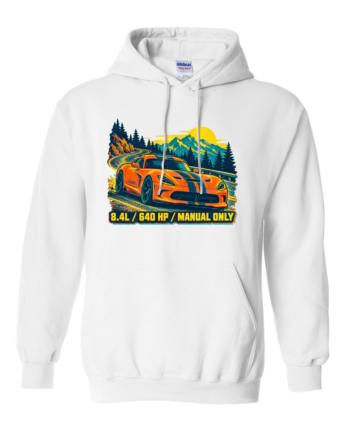 Risograph spot-colour print of a 2013 Dodge Viper VX I with 8.4L text white pull over hoodie front view with the design