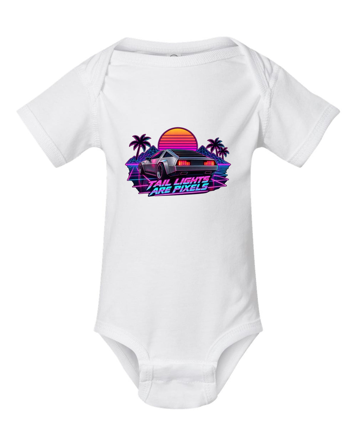 Synthwave outrun print of the Hyundai N Vision 74 concept with pixel tail lights text white baby onesie front view with the design