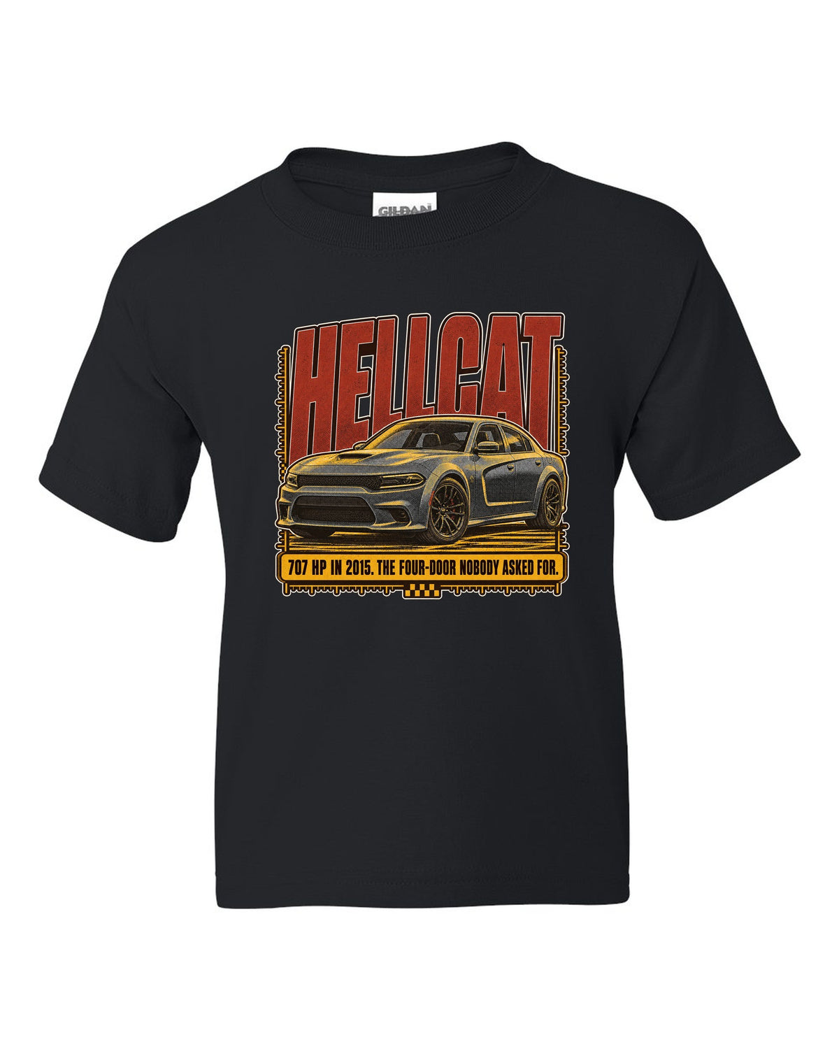 Dodge Charger SRT Hellcat halftone statement print reading 707 HP in 2015 black kids tee front view with the design