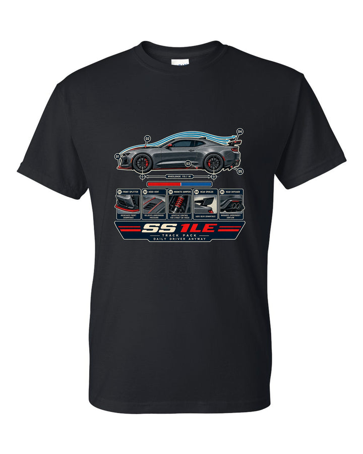 Airflow cutaway print of a 6th generation Chevrolet Camaro SS 1LE black t-shirt front view with the design