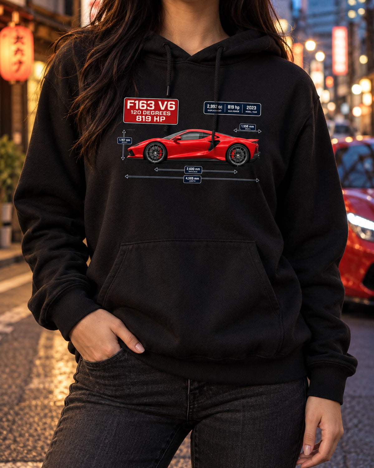 Ferrari 296 GTB Dimension Blueprint Tee, Car Guy Gift Pull Over Hoodie Black worn hero