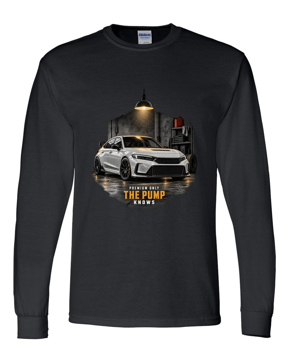 Honda Civic FL5 chback garage night design with premium only 98 octane text black long sleeve front view with the design