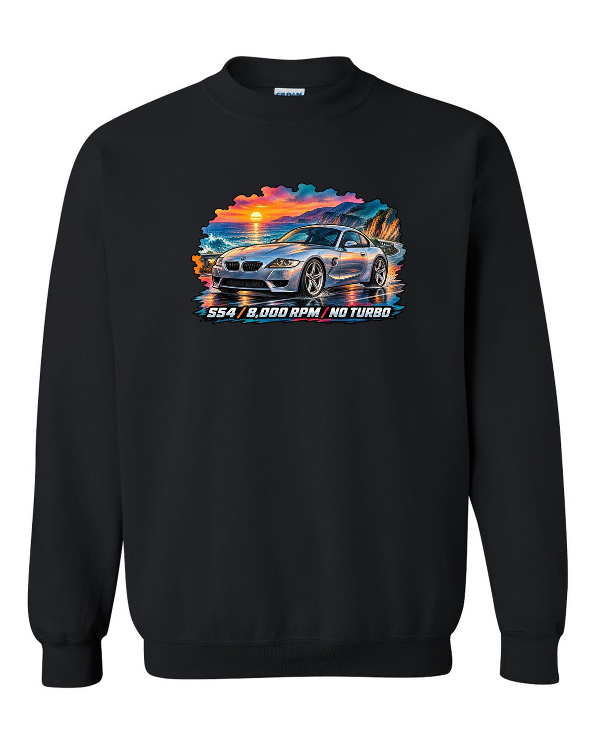 BMW Z3 M Coupe 16-bit pixel art print with Clown Shoe 3.2 text black crewneck front view with the design