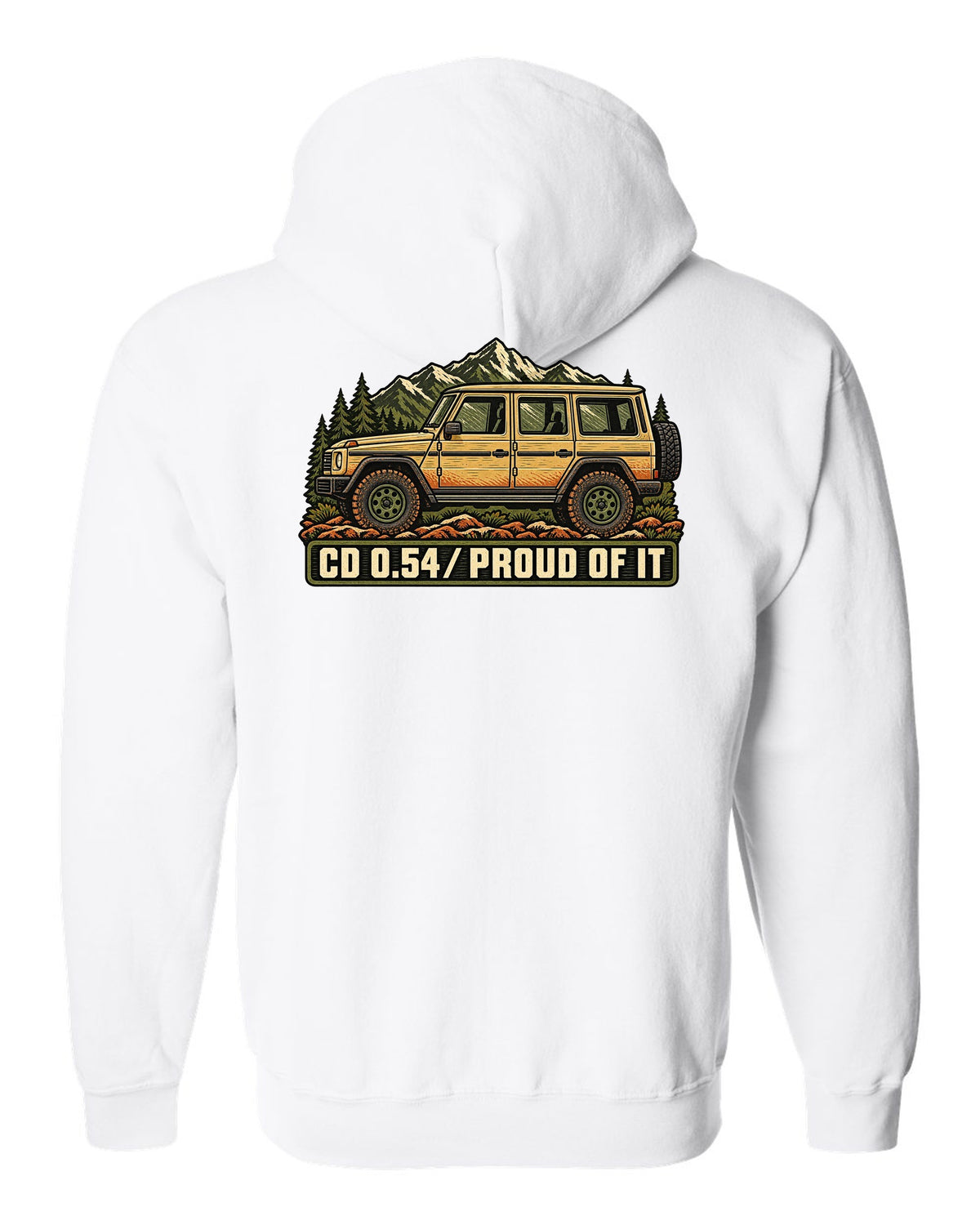 Mercedes G-Class W463 Dust and Hinges Linocut Profile white zip hoodie back view with the design