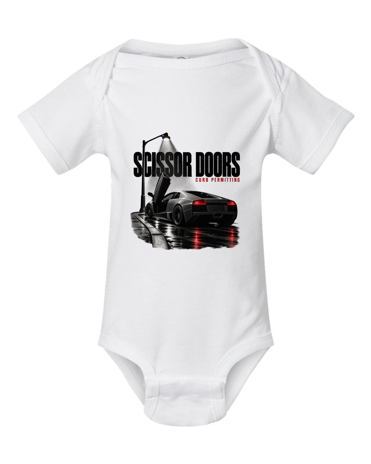 Garage night print of a Lamborghini Murcielago LP640 with scissor doors raised white baby onesie front view with the design