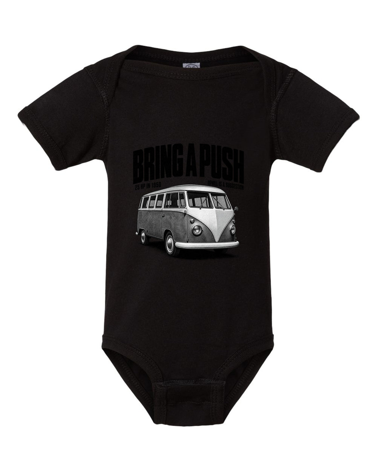 Halftone print of a VW T1 split-window microbus with bring a push text black baby onesie front view with the design