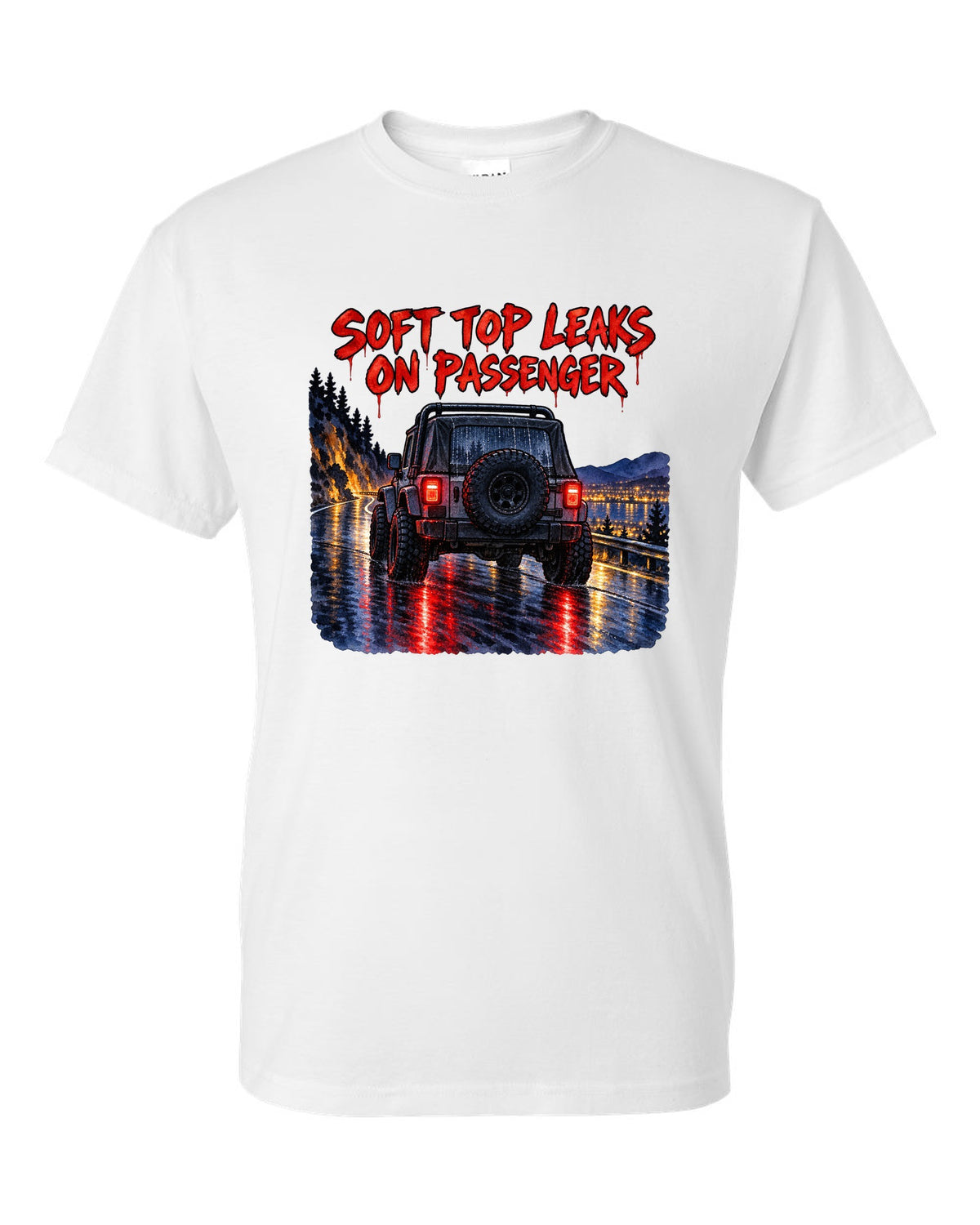 Watercolour wet-road night print of a Jeep Wrangler YJ taillights with soft top text white t-shirt front view with the design
