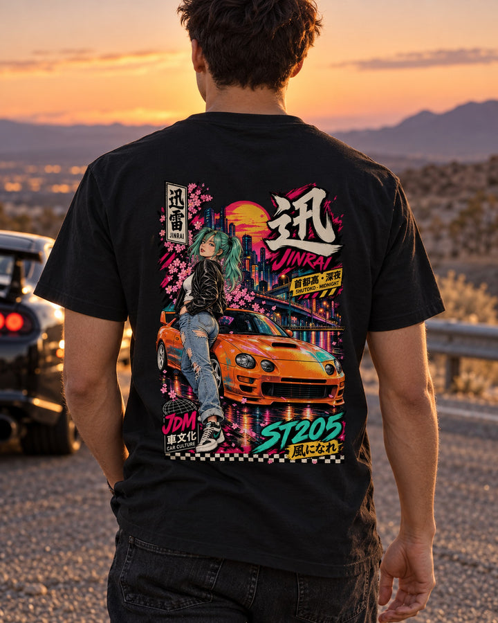 JINRAI ST205 Anime Girl Full-Back Graphic Tee T-Shirt Black worn hero