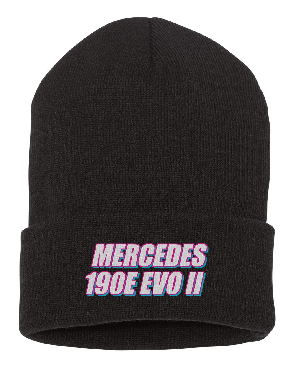 Mercedes 190E Evo Ii black beanie front view with car name