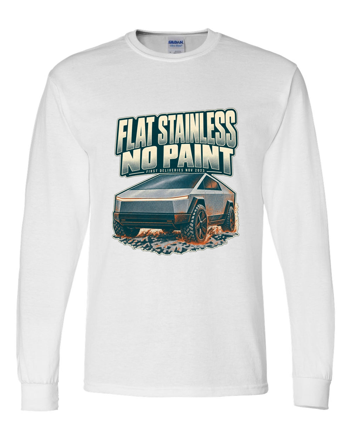 Halftone print of a Tesla Cybertruck front three-quarter with flat stainless text white long sleeve front view with the design