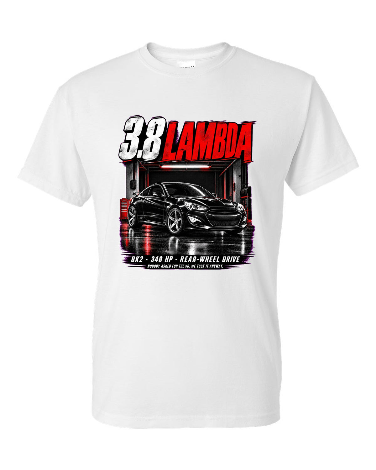 Hyundai Genesis Coupe BK2 3.8 Track in a garage at night with spec text white t-shirt front view with the design