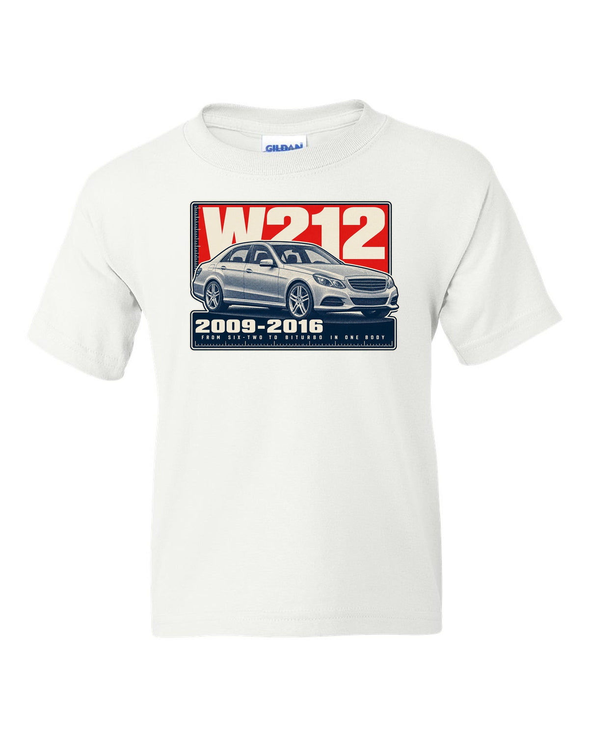 Halftone print of a Mercedes-AMG E63 W212 sedan white kids tee front view with the design