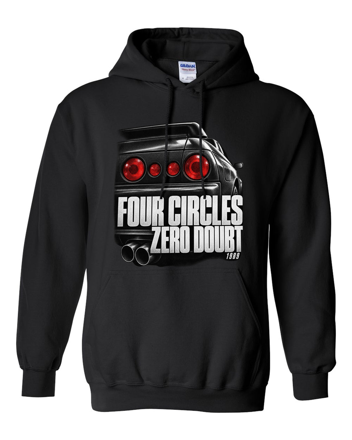 Close-up macro of the round taillights on a Nissan Skyline GT-R R32 with four circles lettering black pull over hoodie front view with the design