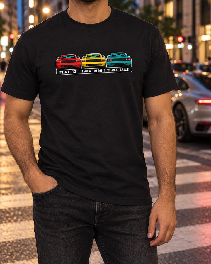 Ferrari Testarossa F110, 512 TR and F512 M Flat-12 Tee T-Shirt Black worn hero