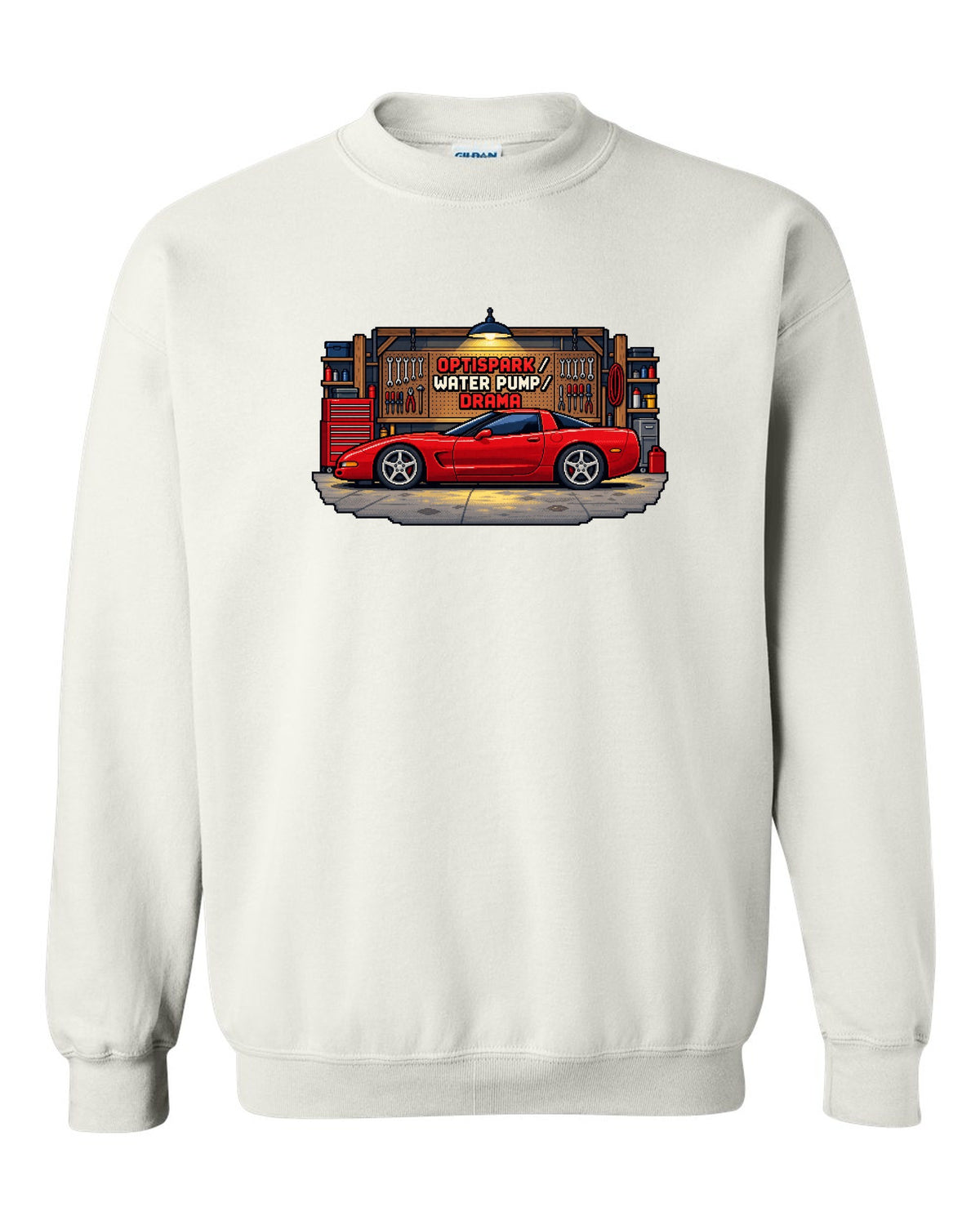 Pixel art print of a 1997 Chevrolet Corvette C5 coupe with Optispark Water Pump Drama text white crewneck front view with the design