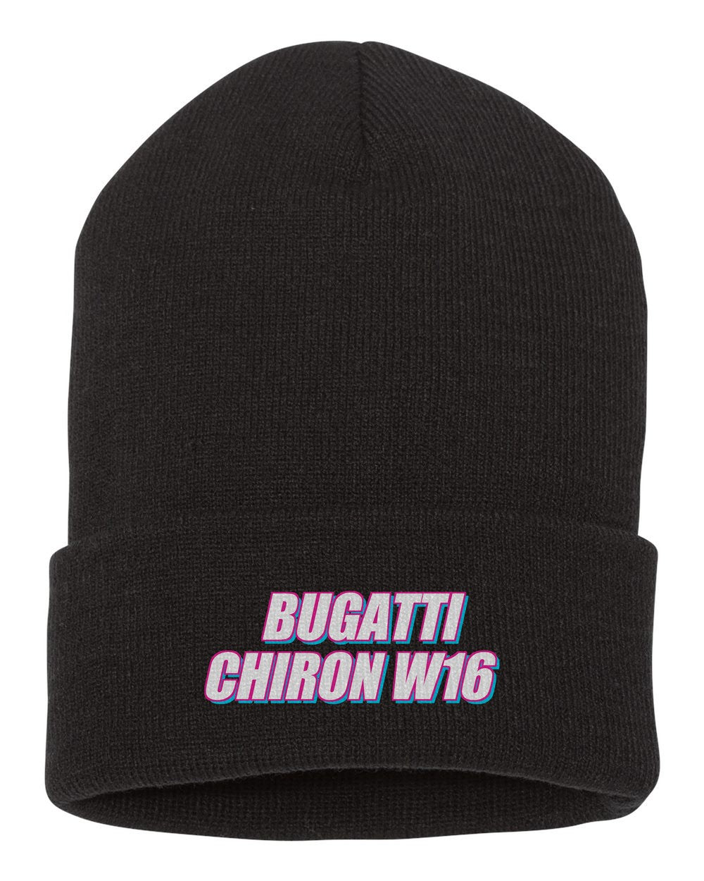 Bugatti Chiron W16 black beanie front view with car name