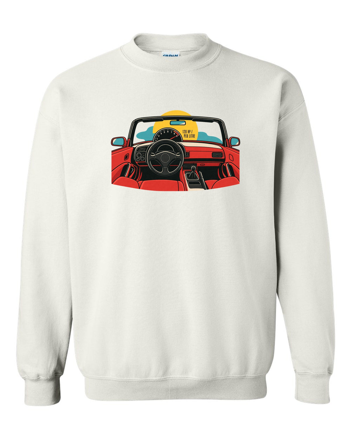 Minimal single-line contour art of a Honda S2000 AP1 with 120 HP per litre text white crewneck front view with the design