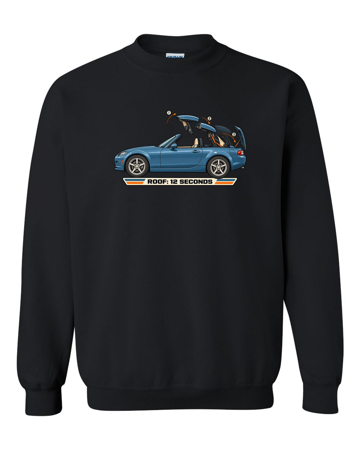 Exploded cutaway diagram of the Mazda MX-5 NC PRHT roof fold mechanism black crewneck front view with the design