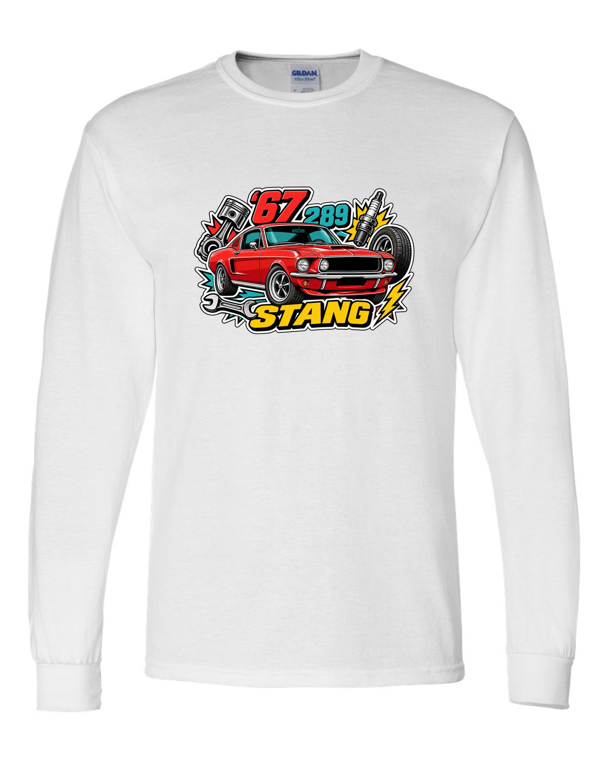 Sticker-bomb collage print of a 1967 Ford Mustang fastback white long sleeve front view with the design