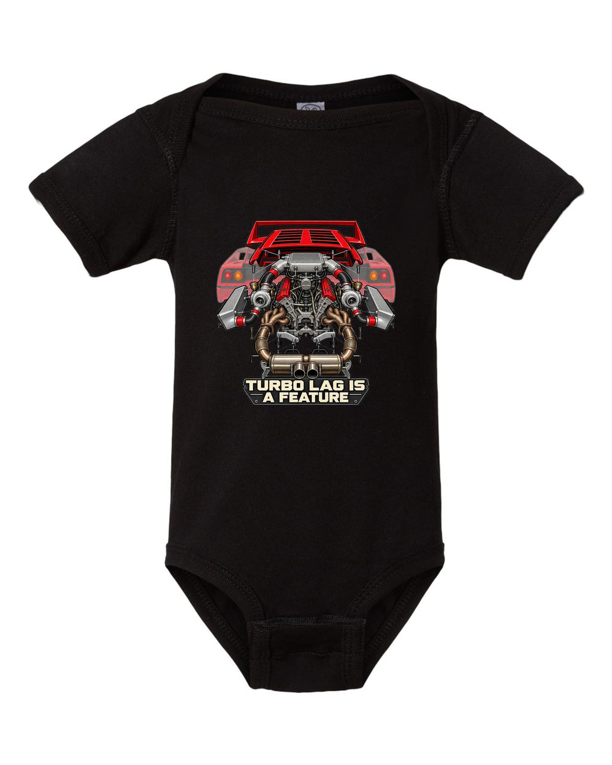 Exploded engine cutaway print of a Ferrari F40 F120 with turbo lag is a feature text black baby onesie front view with the design