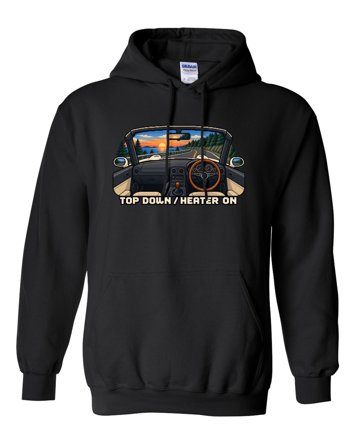 Cel-shaded 90s anime night scene of a Mazda RX-7 FD3S under sodium lights black pull over hoodie front view with the design