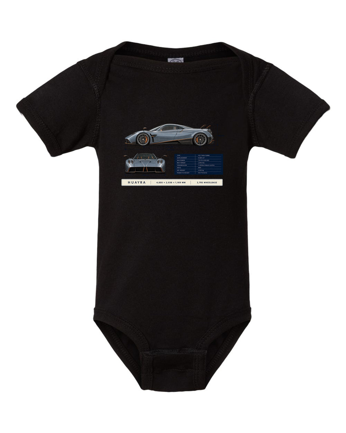 Dimension blueprint print of the Pagani Huayra coupe with 4,605 x 2,036 x 1,169 mm and 2,795 wheelbase black baby onesie front view with the design