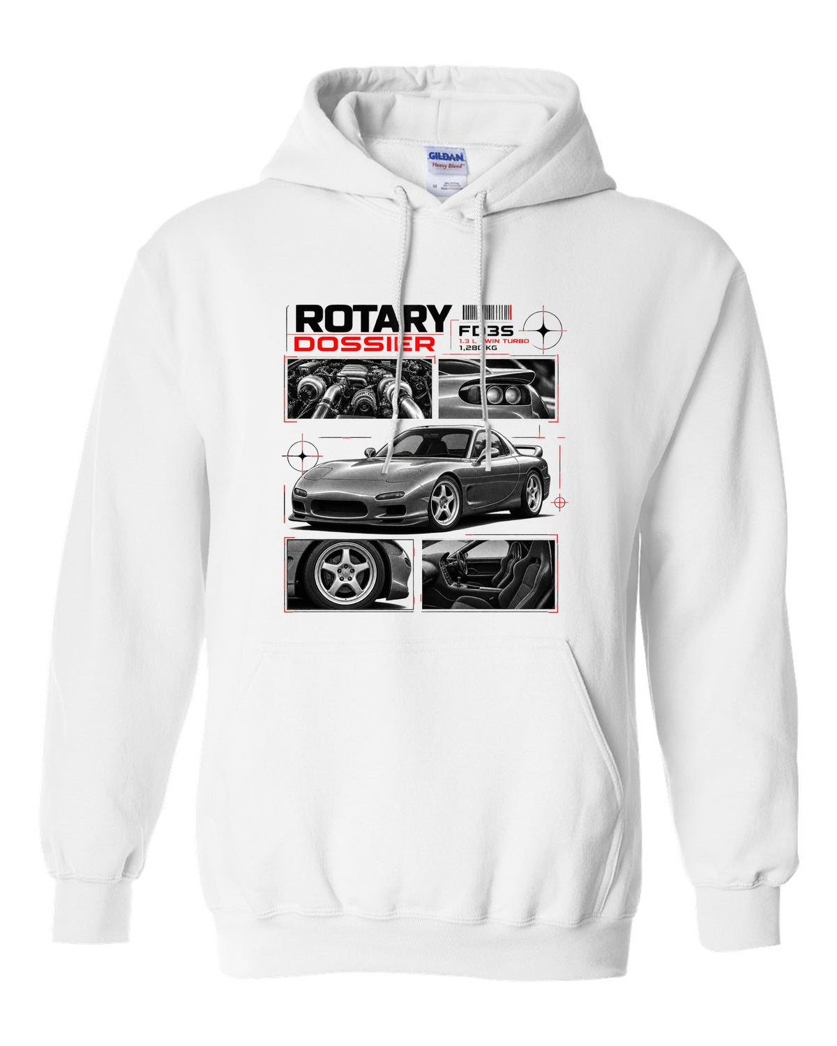 Dossier print of a Mazda RX-7 FD3S front three-quarter with detail panels white pull over hoodie front view with the design