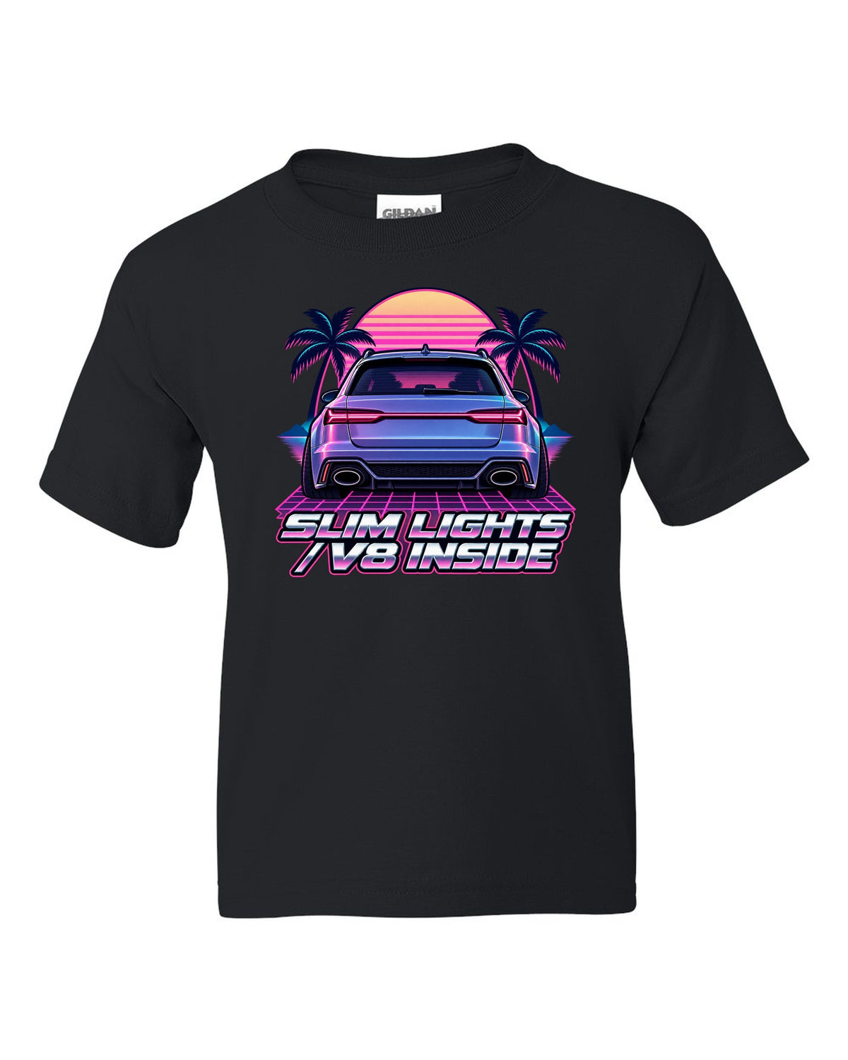 Pastel vaporwave design of the Audi RS6 Avant C7 4G with slim lights V8 inside lettering black kids tee front view with the design