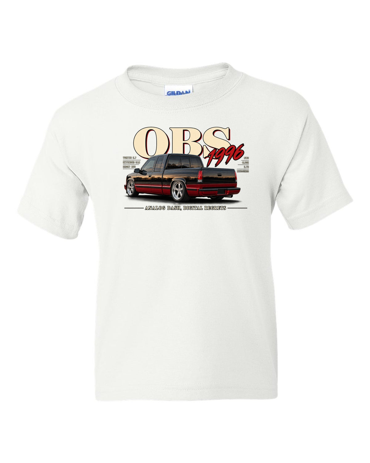 1996 OBS Chevy C1500 extended cab editorial headline print white kids tee front view with the design