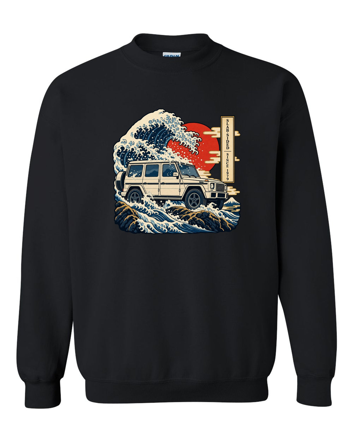 Bold crest graphic reading 577 HP and 2.5 Tonnes for the Mercedes G63 W464, print black crewneck front view with the design