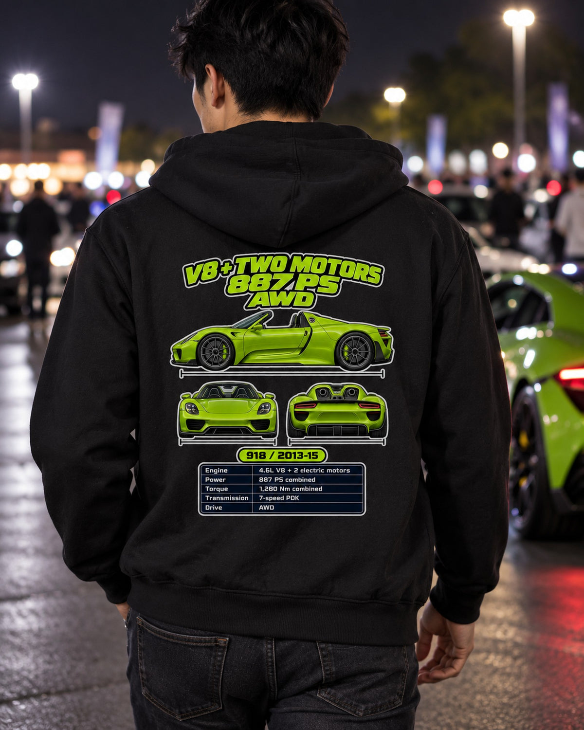 Porsche 918 Spyder Spec Sheet Full-Back Graphic Tee Zip Hoodie Black worn hero